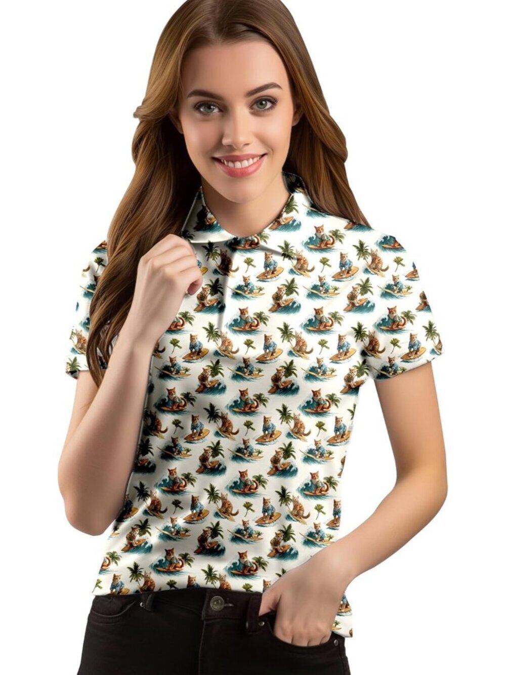 Women Surfing Cat Short Sleeve Quick Dry Tennis Shirts Athletic Yoga Tops Fit
